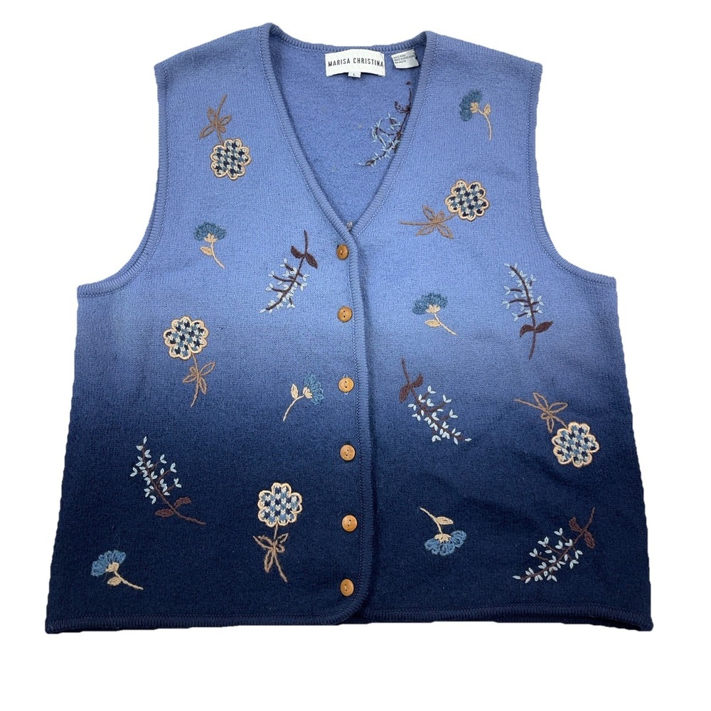 Vintage Marisa Christina Sweater Vest Women Large Blue Wool Knit Grandma 90s